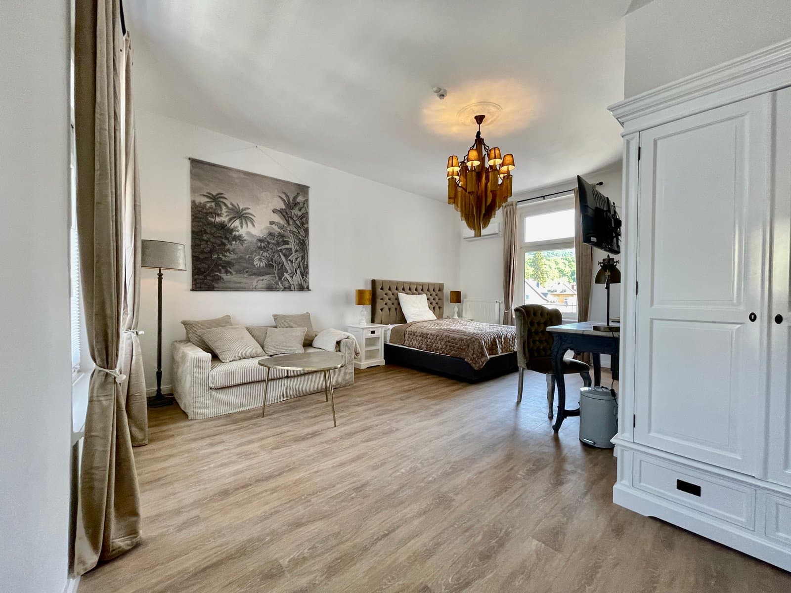 Bright and modern living room with a comfortable sofa