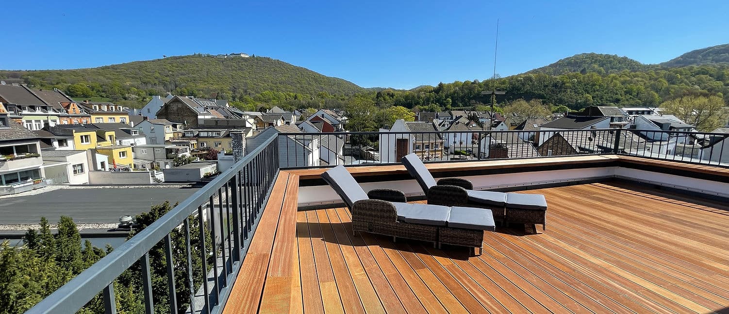 Rooftop terrace with city views at sunset